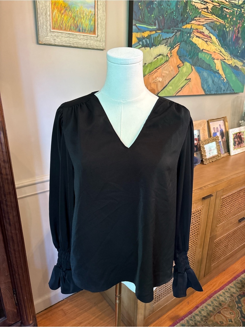 Aqua Black V-Neck Long Sleeve Blouse with Smocked Tie Cuffs